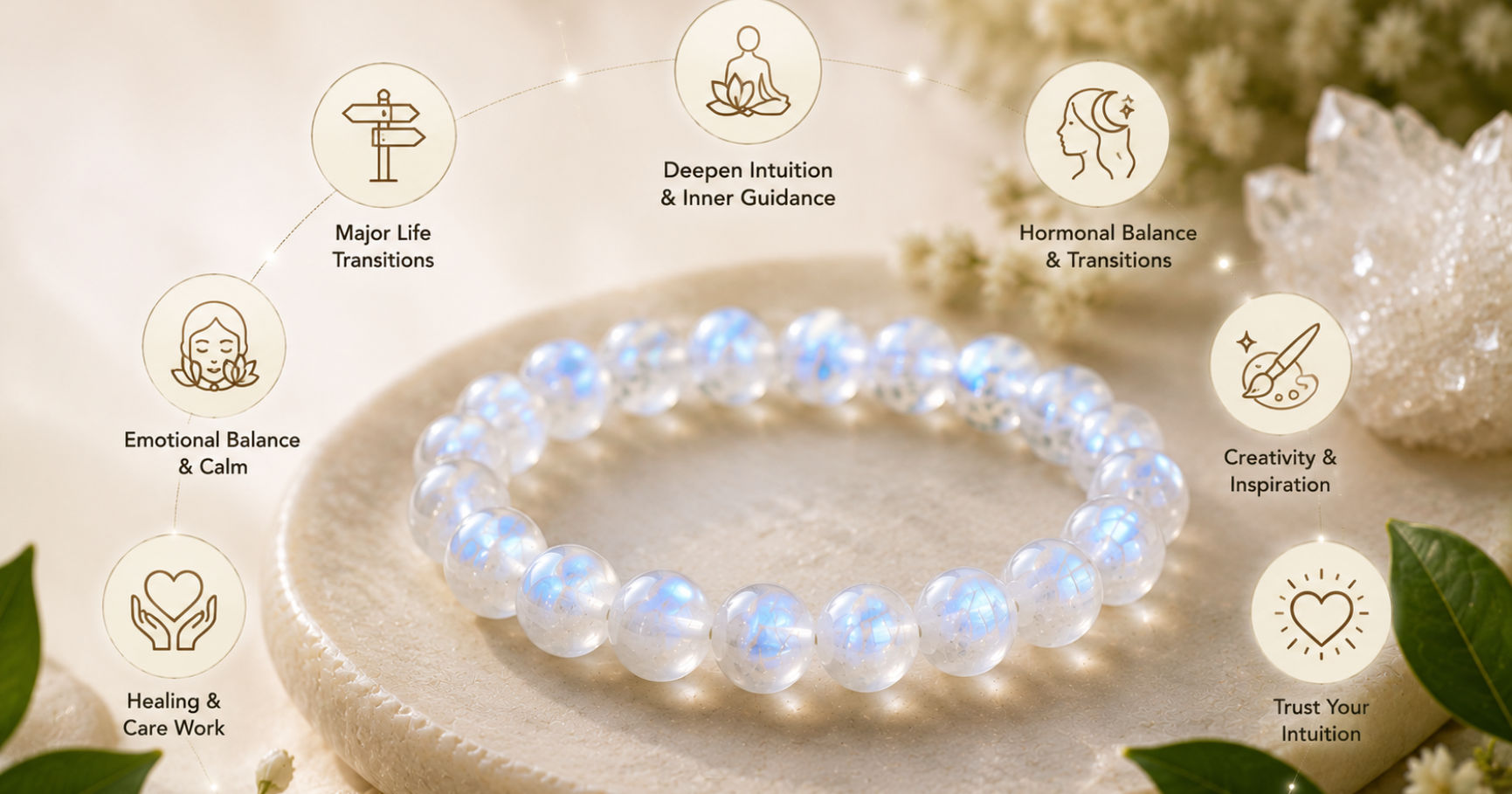Moonstone Bracelet: Meaning, Benefits & Uses 3 A natural moonstone bracelet showcasing who should wear moonstone bracelet for guidance during major life transitions and new beginnings.