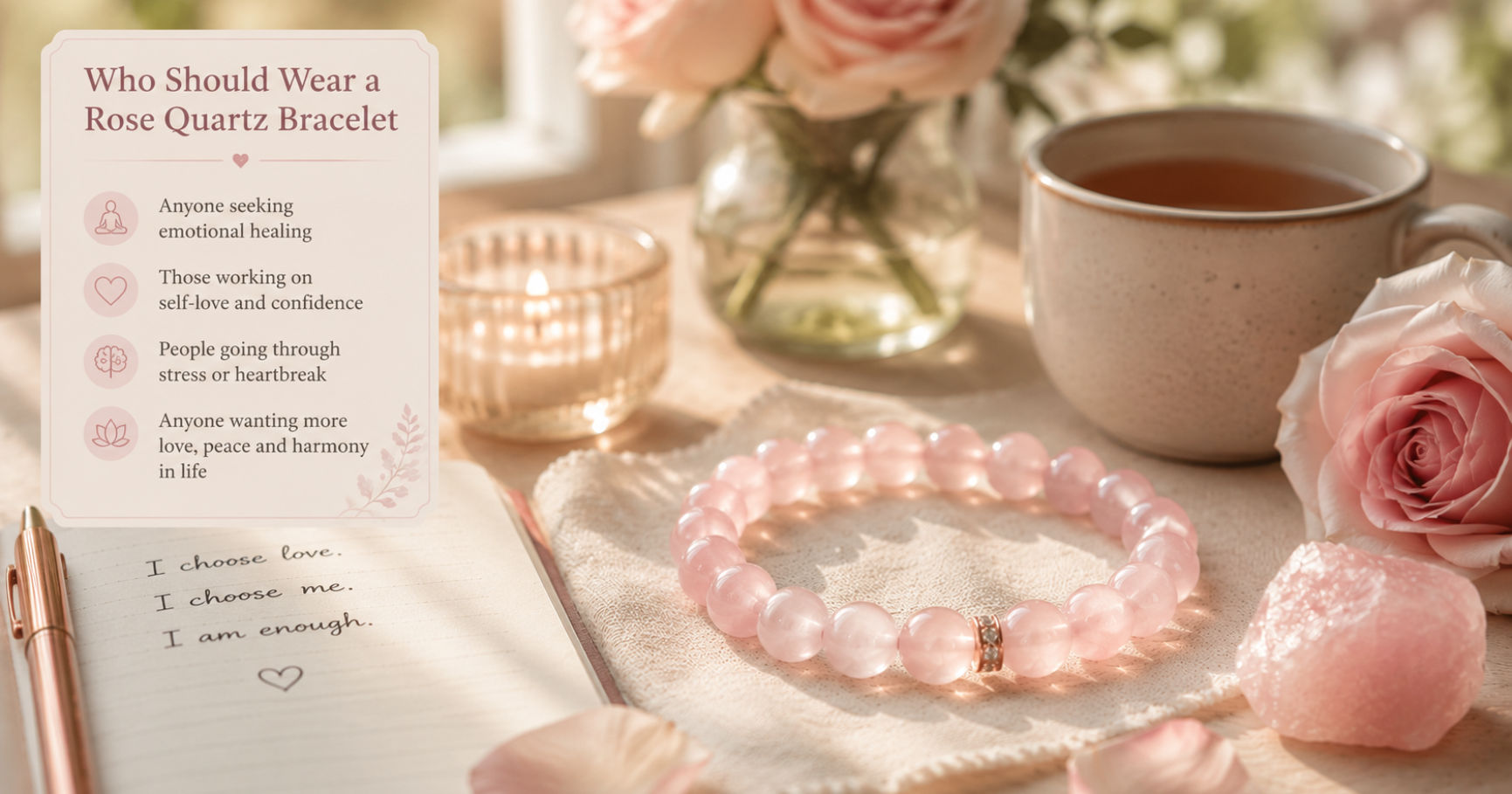Who should wear a rose quartz bracelet for self love, emotional acceptance, and receiving care from others.