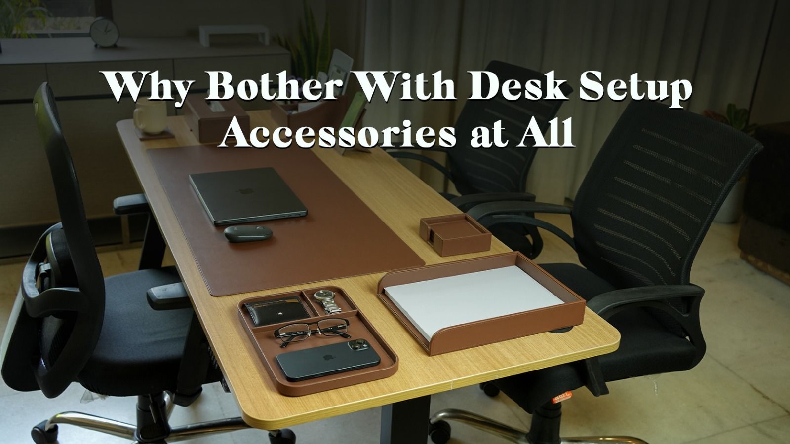 A complete workspace featuring desk setup accessories to upgrade long work hours at a laptop.