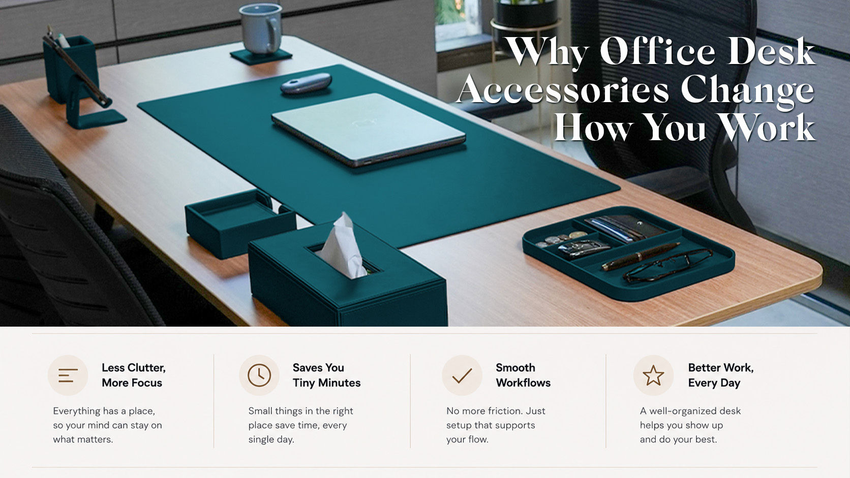 An organized workstation showing why office desk accessories change how you work by reducing clutter and improving focus.