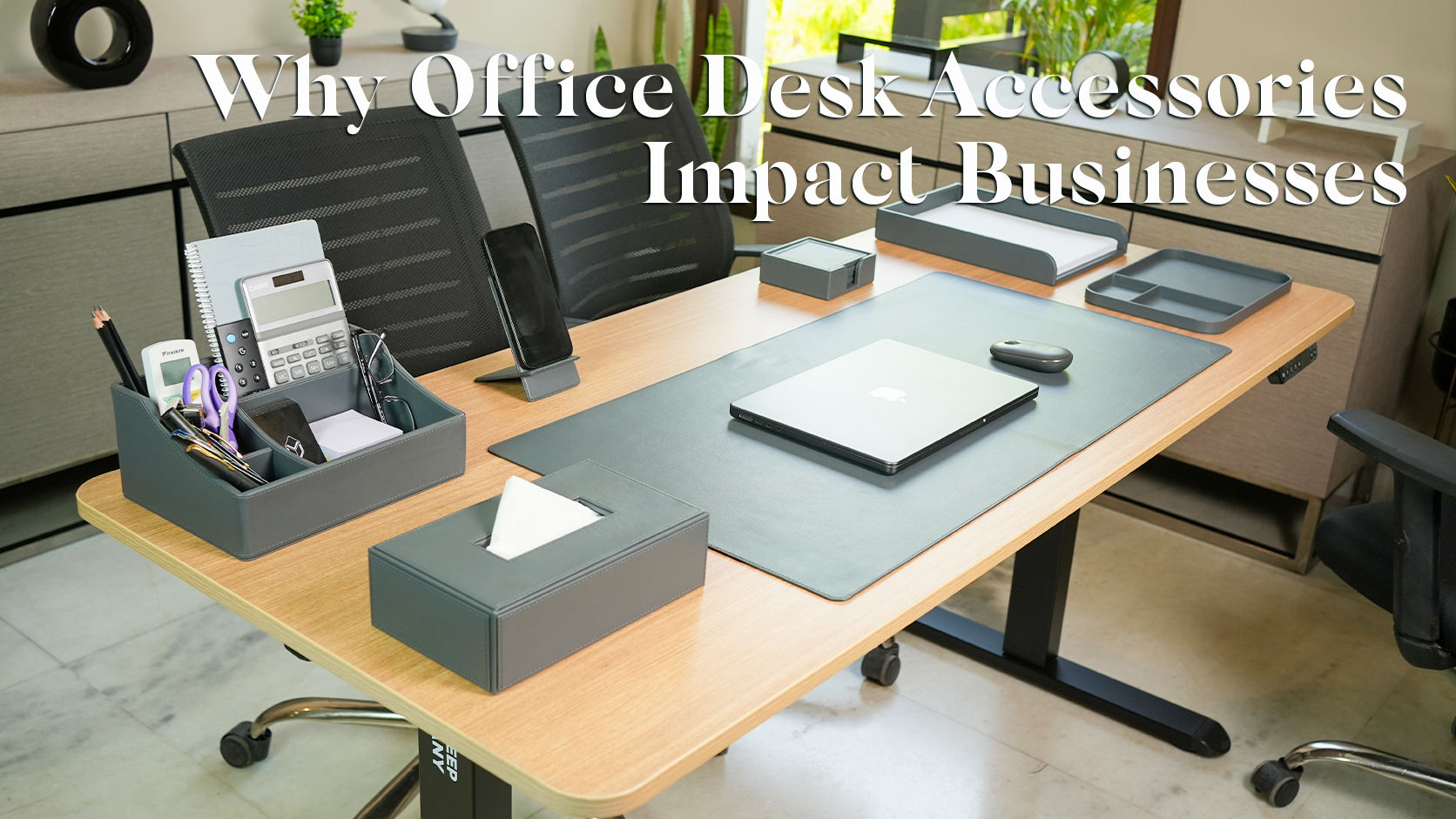 An organized corporate workspace showcasing the best office desk accessories to improve employee productivity.