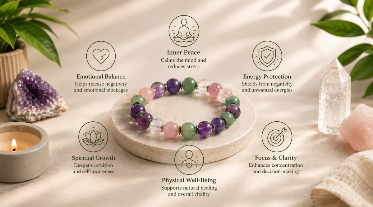 Crystal bracelet benefits of a crystal bracelet showing inner peace, emotional balance, focus, energy protection, spiritual growth, and physical well-being
