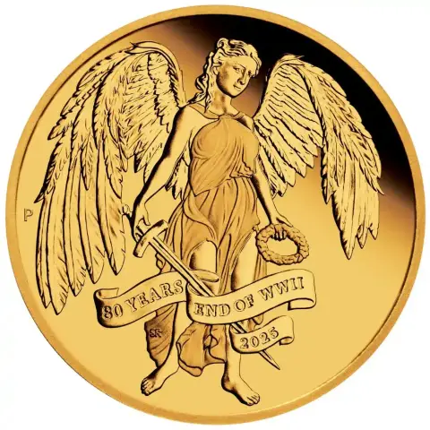 ThisimageshowsthereverseoftheWingedVictoryGoldProofCoin.Nike,thegreekgoddessofvictory,isdepictedasapowerfulwingedfigure.Inherrighthandsheclaspsaswordandinherleftsheholdsapalmwreath.