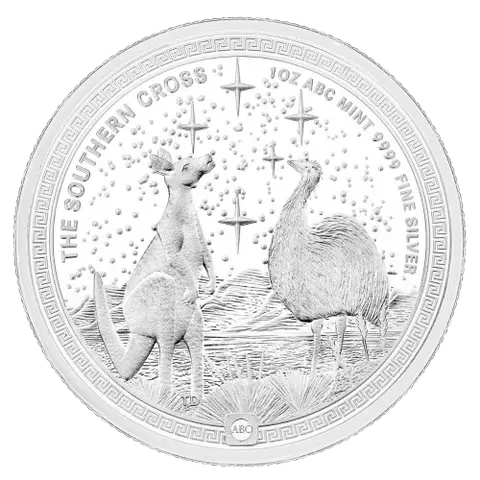 This image shows the reverse of the 1oz ABC Southern Cross Silver Coin