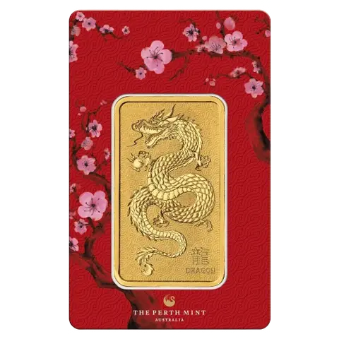 This image shows the front side of the 1oz Perth Mint Lunar Dragon Gold Minted Bar, including the packaging
