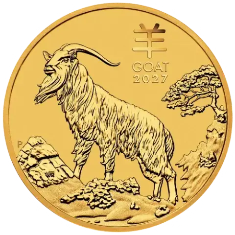 This image shows the reverse of the 2027 1oz Lunar Series III Year of the Goat Gold Coin, featuring a gold standing proudly.