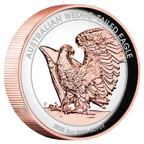 This image shows the Side Reverse view of the Australian Wedge-Tailed Eagle Silver Proof Coin with Rose Gold gilding