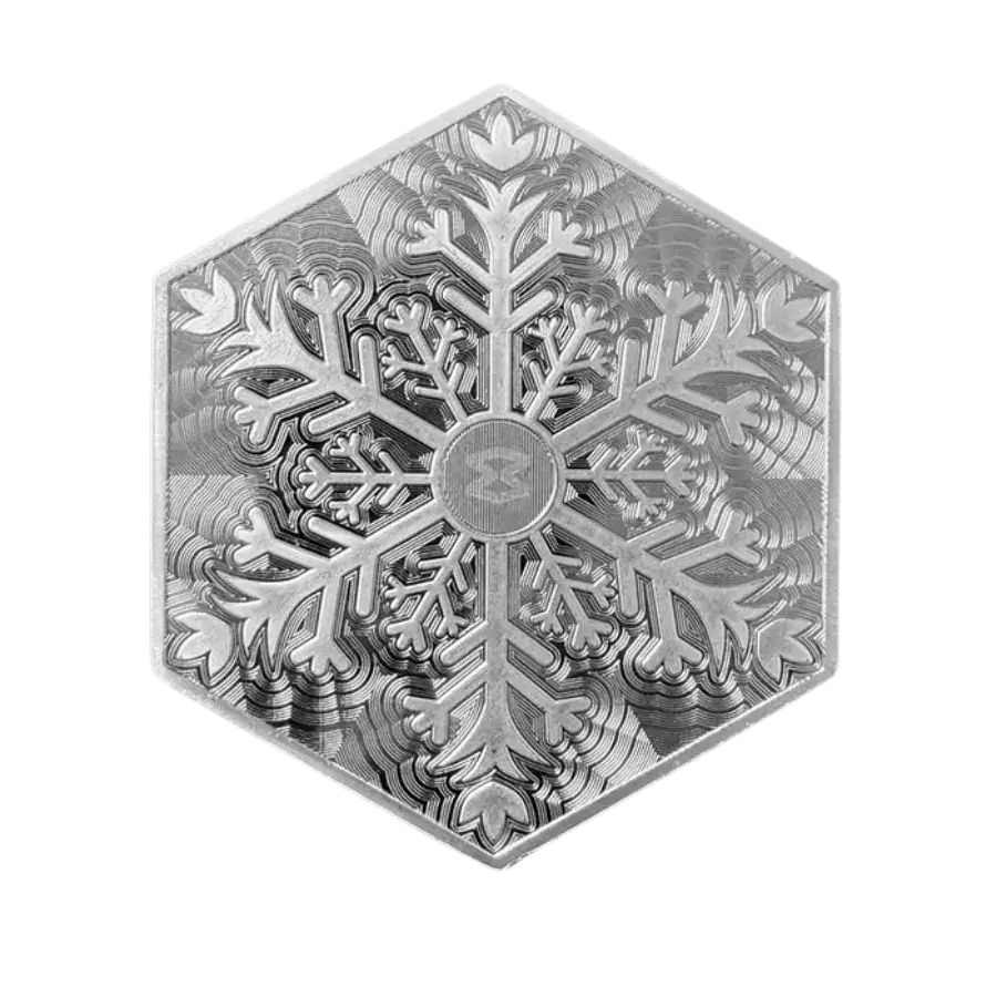 This is the front of the 10oz silver bar in snowflake hexagon design