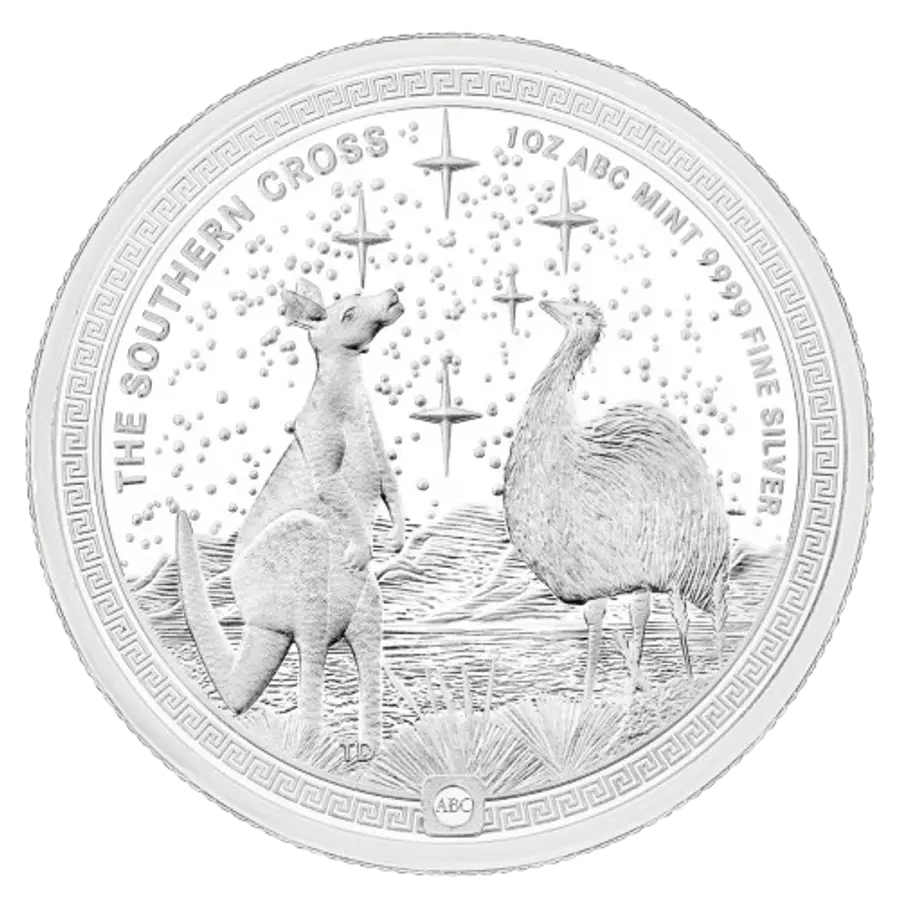 This image shows the reverse of the 1oz ABC Southern Cross Silver Coin