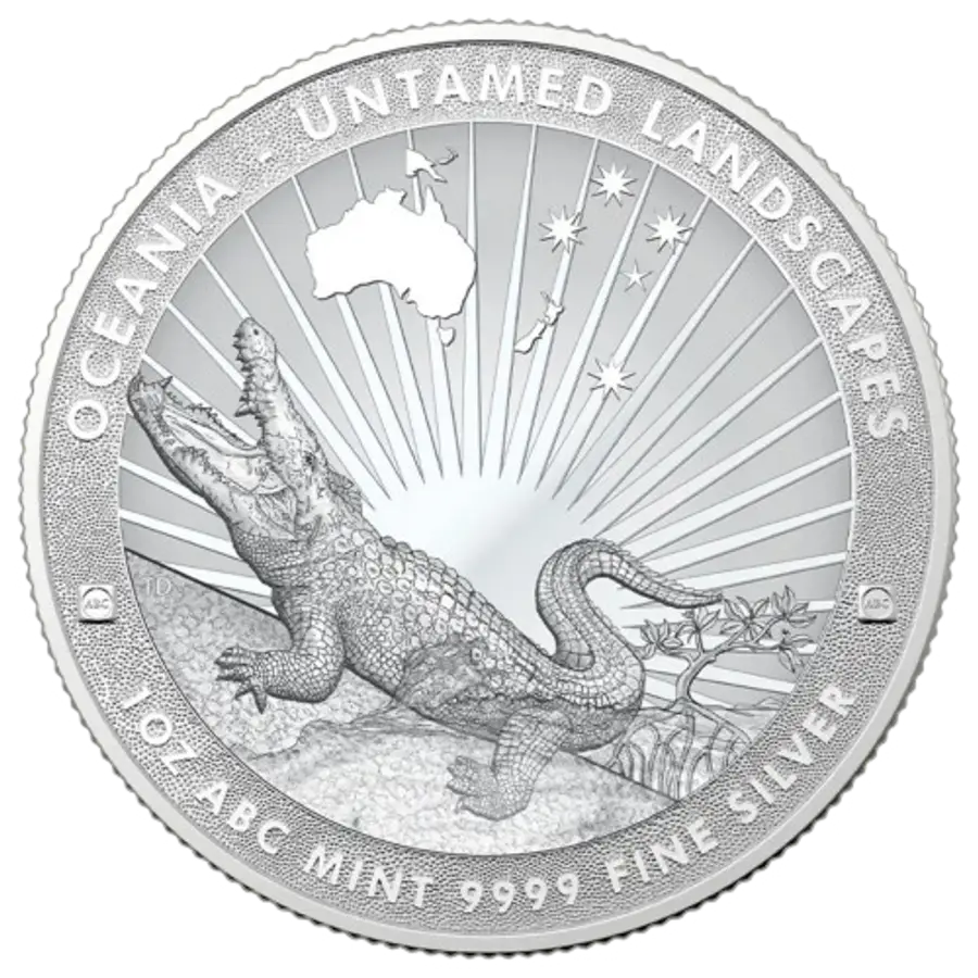 This image shows the reverse of the 1oz ABC Untamed Landscapes Crocodile Silver Coin