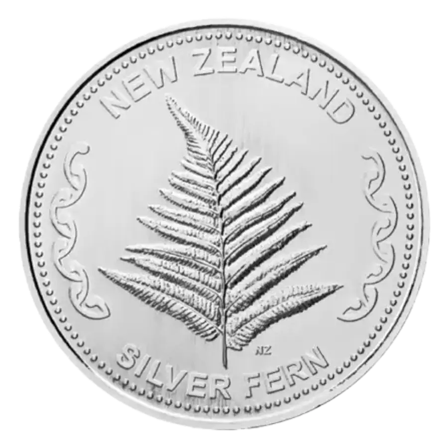 This image shows the reverse of the 1oz New Zealand Mint Fern Silver Round