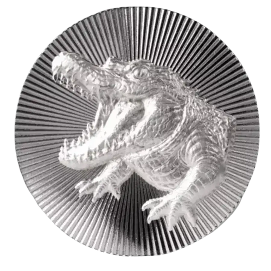 This image shows the 1oz Scottsdale Crocodile Stacker Silver Round, featuring a crocodile with it's jaws open wide facing the left.