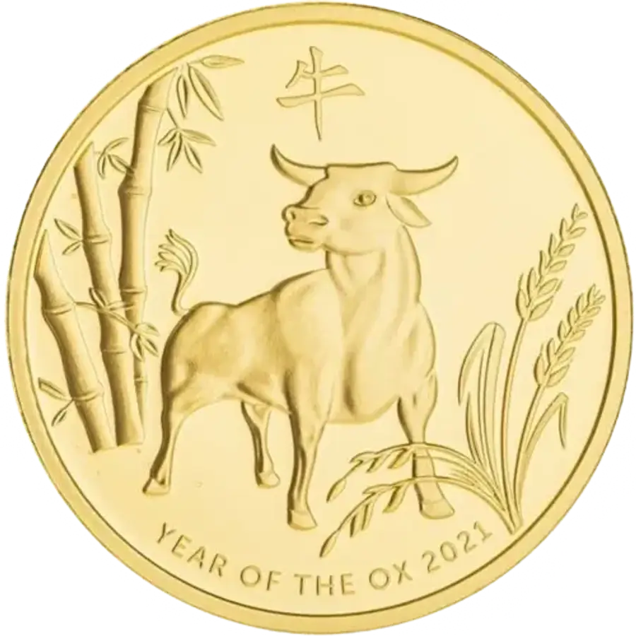 2021 1oz ABC Bullion Year of the Ox gold round reverse with Ox lunar design