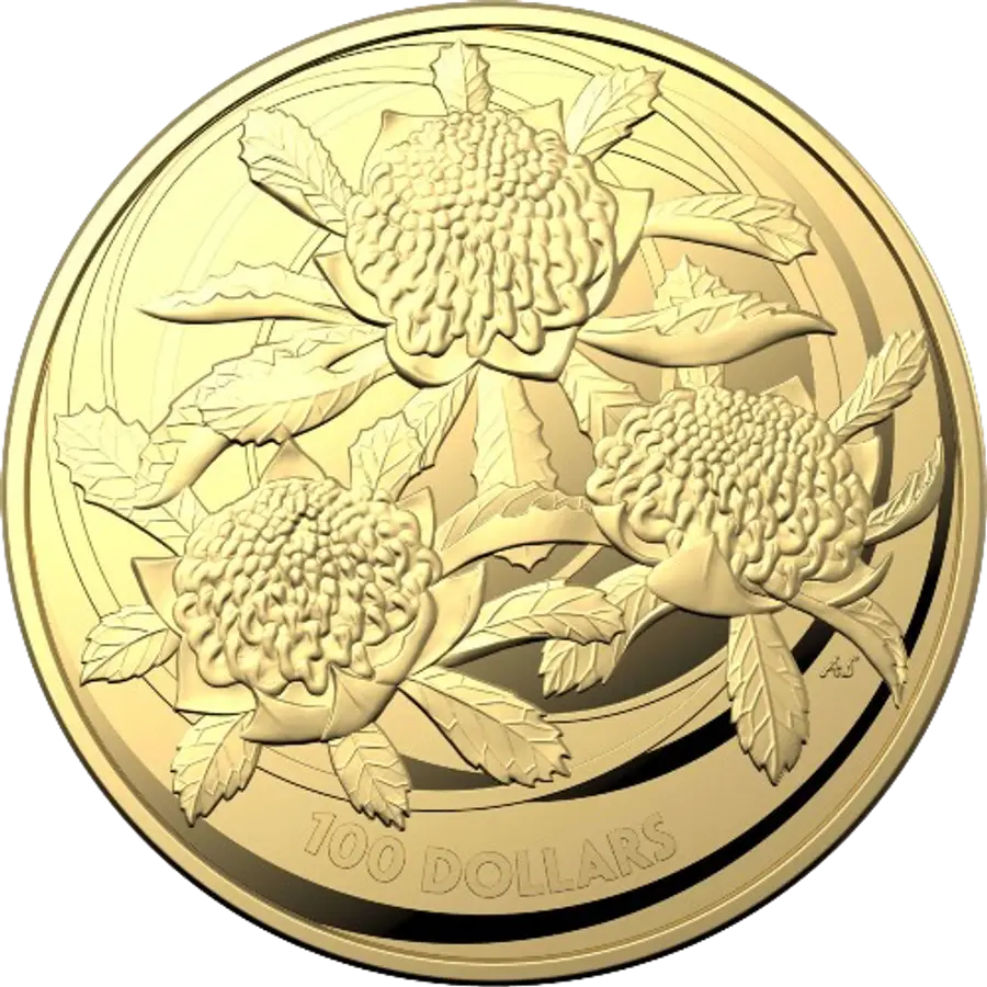 This image shows the reverse of the 2022 1oz RAM Wildflowers Waratah Gold Coin