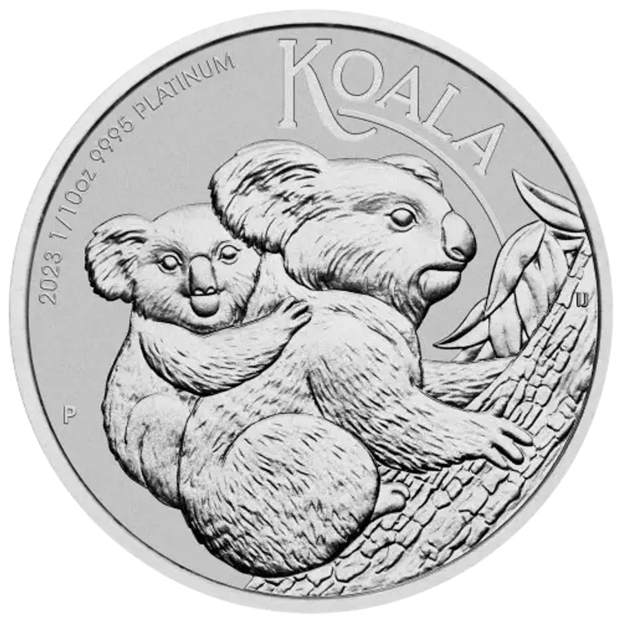 This image shows the reverse of the 2023 1/10th oz Koala Platinum Coin, featuring a koala and joey climbing a tree.