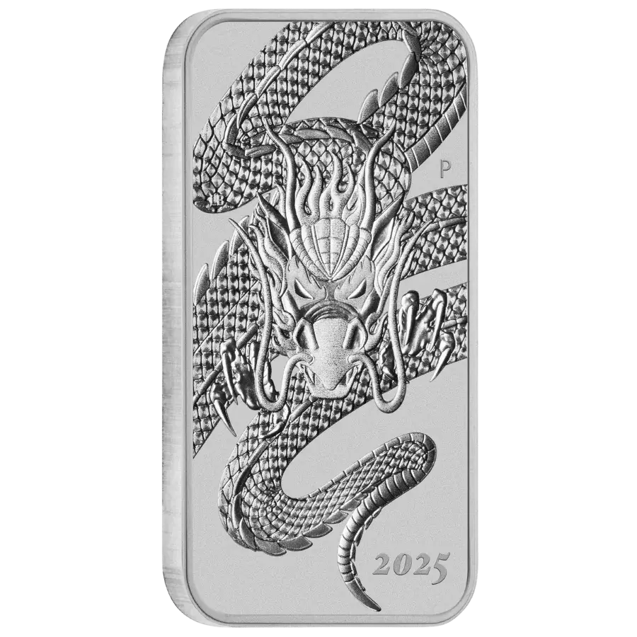 2025 1oz Rectangular Dragon Silver Coin on Slight Angle