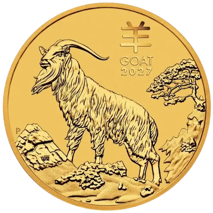 This image shows the reverse of the 2027 1oz Lunar Series III Year of the Goat Gold Coin, featuring a gold standing proudly.