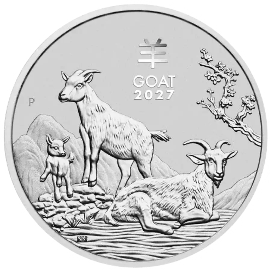 This image shows the reverse of the 2027 1oz Lunar Series III Year of the Goat Silver Coin, featuring three goats.
