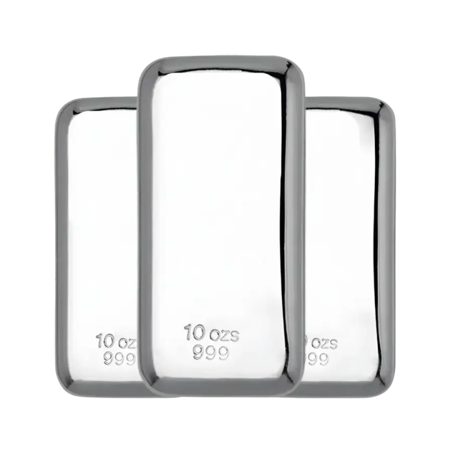 This image shows 3 x 10oz Silver Bars