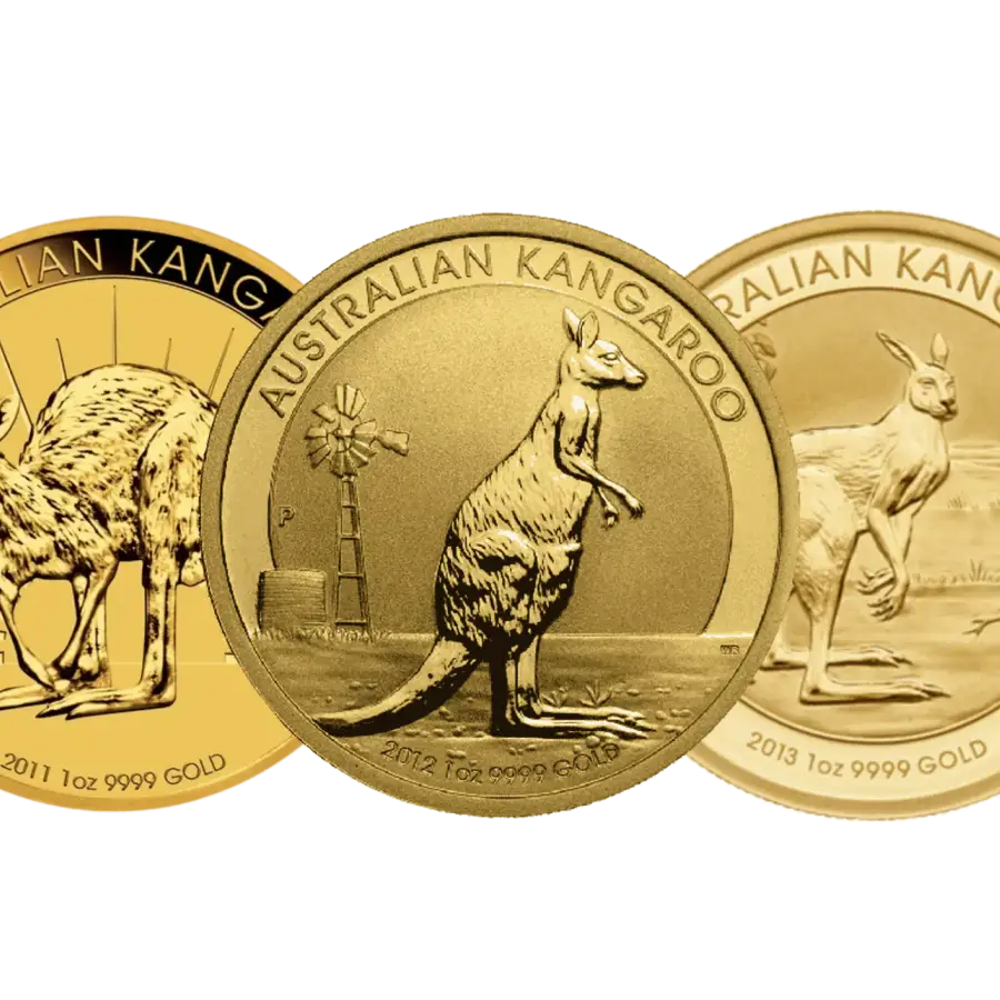This image shows the front of the three Kangaroo Gold Coins shown in the Australian Trilogy Collection, the 2011, 2012, and 2013