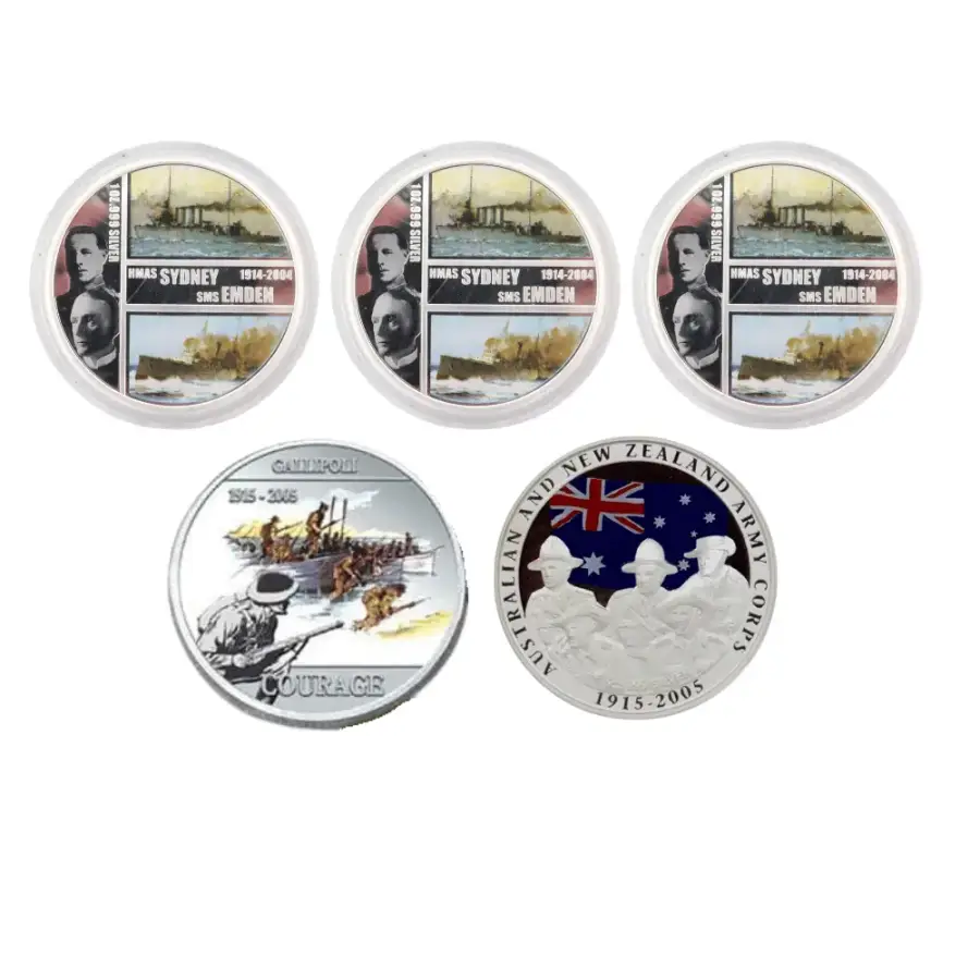 This image shows the reverse of all coins from the 5oz Coin Collection - Australian Military History.