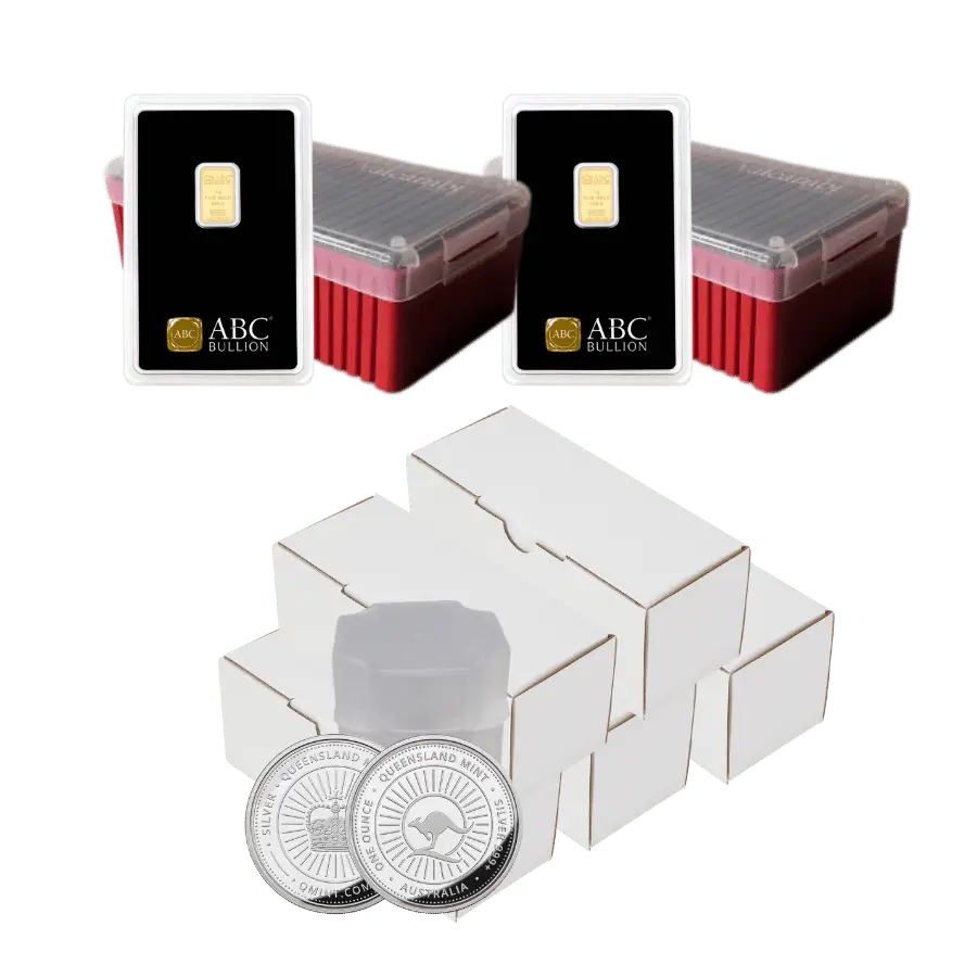 UltimateBunkerDownBundle–500x1ozSilverCrownsand50x1gGoldBarsinsecurepackaging
