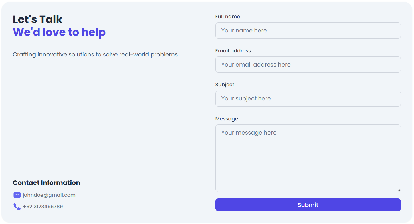 Contact from built with React and Tailwind