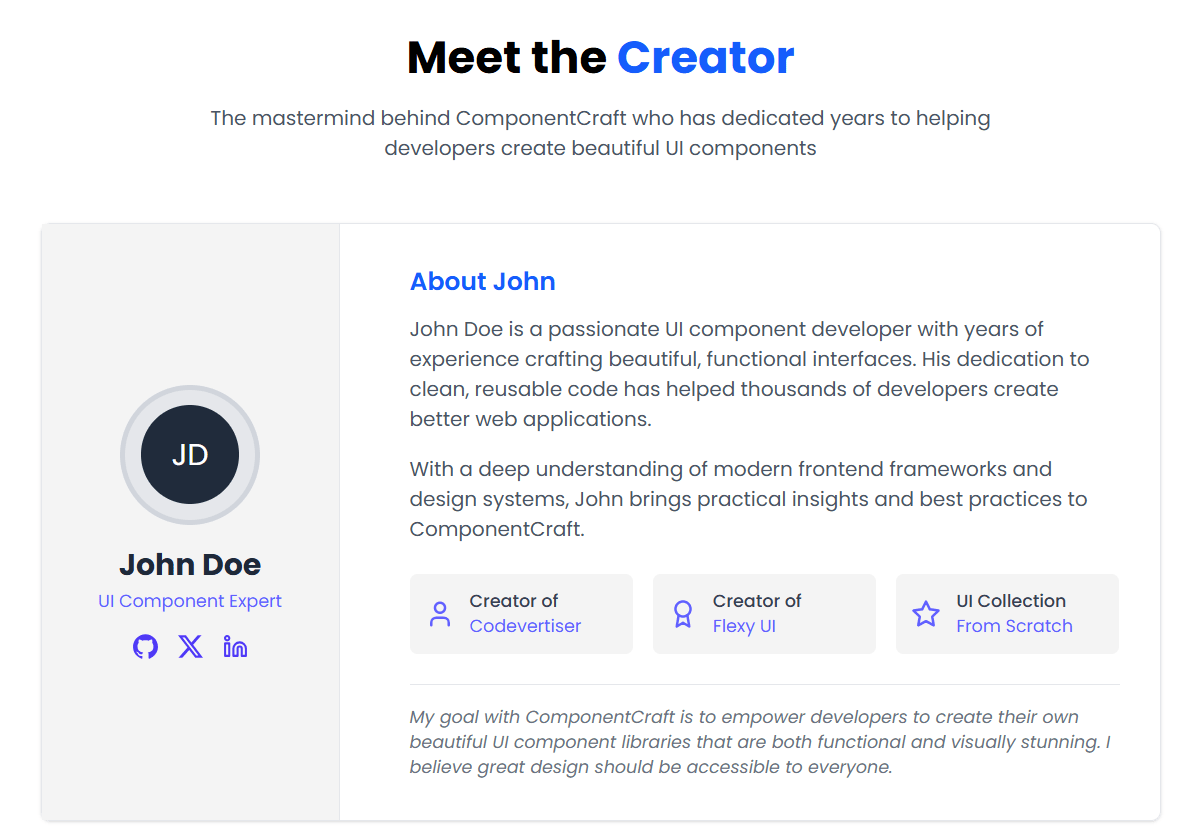 Creator Profile Card Component for React & Tailwind CSS