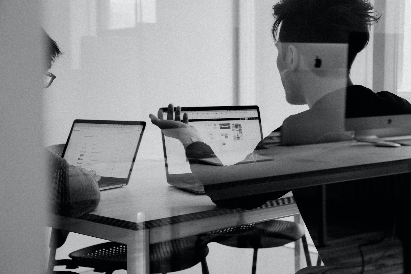 Two people coworking - black and white image