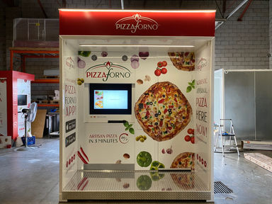 A custom exterior vinyl wrap on a pizzaforno vending machine