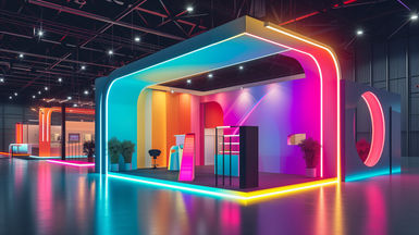 Experiential marketing setup with custom LED lights inside a warehouse