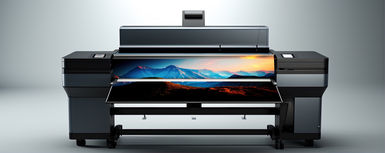 A large format printer with a grey background