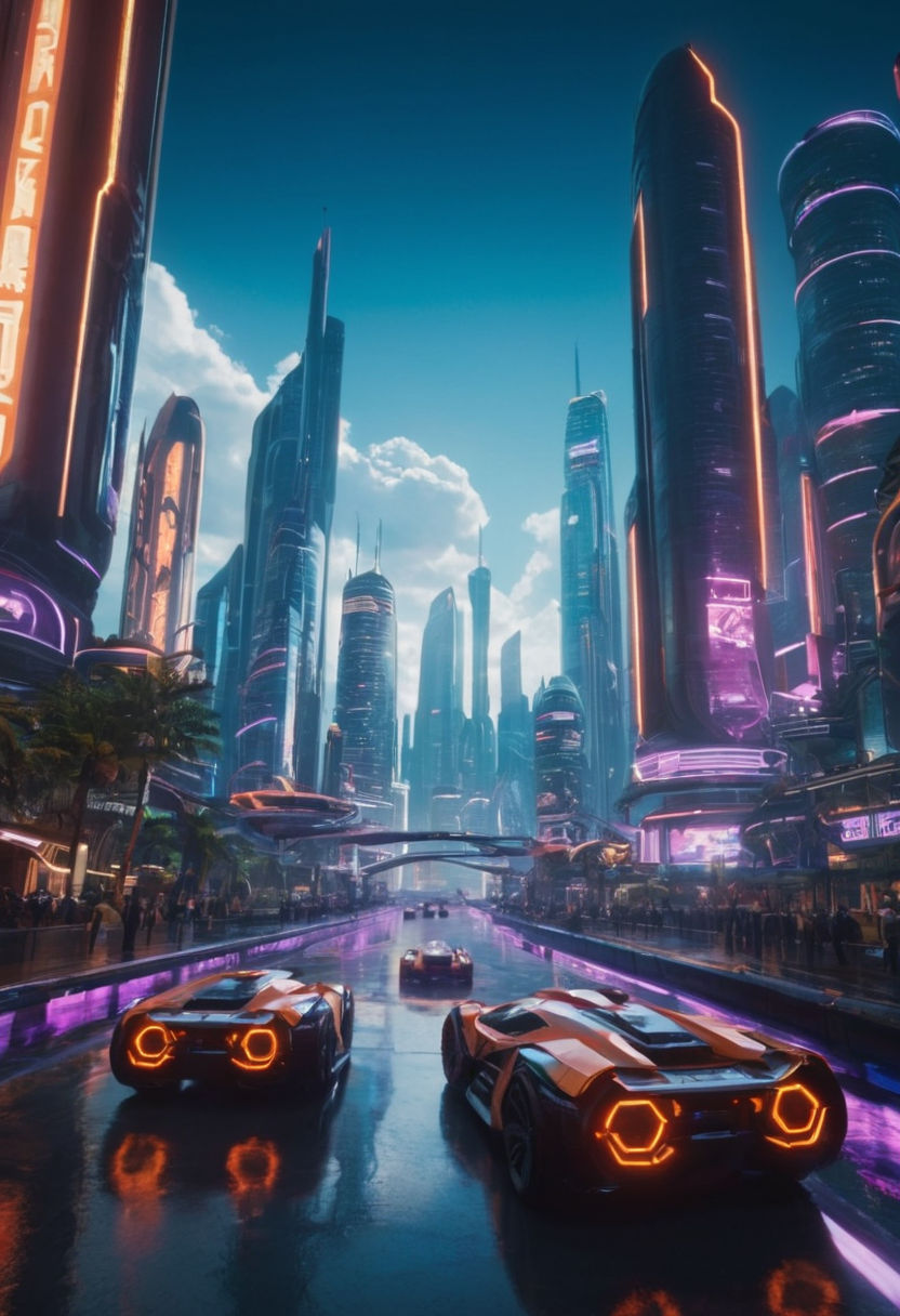 Futuristic landscape with high-tech cities and advanced hovercrafts, neon lights, towering skyscrapers, bustling streets, and flying vehicles portraying a technologically advanced world perfect for a new gaming franchise.
