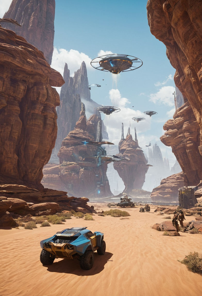 Futuristic alien landscapes with high-tech weaponry and flying vehicles, featuring a blend of rugged terrains and advanced structures. Dynamic environments showcasing the signature fast-paced gameplay of the Tribes series, set against a backdrop of futuristic cities and exotic planets.
