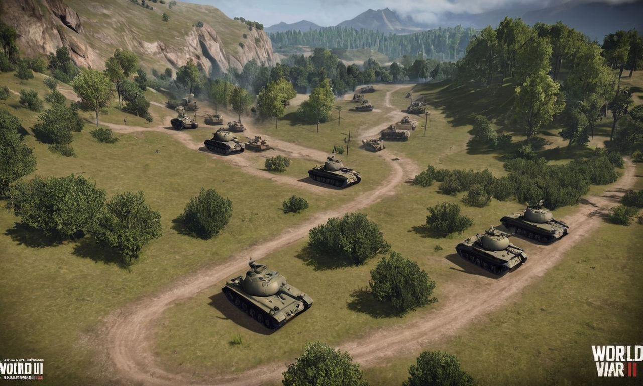 An intense and immersive World War II strategy game scene: A detailed overview of various campaigns and missions with diverse landscapes and challenges. Distinguish between multiplayer modes in a visually striking setting, showcasing teamwork and strategy. Highlight the game's strengths with a focus on detailed military simulations. Integrate user experience with diverse feedback and reviews to round up the compelling gameplay elements.
