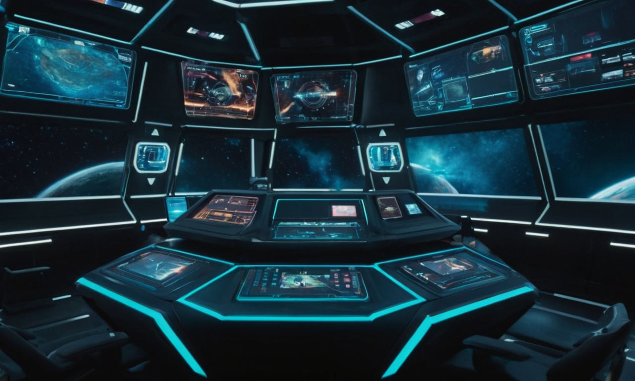 A futuristic spaceship control room with a holographic menu interface displaying various options and settings for customizing controls, enhancing the gaming experience.
