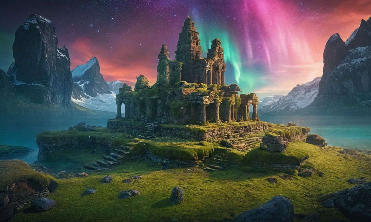 A mystical fantasy landscape with ancient ruins, moss-covered stone structures, glowing crystals, and a magical sky filled with floating islands and colorful auroras.
