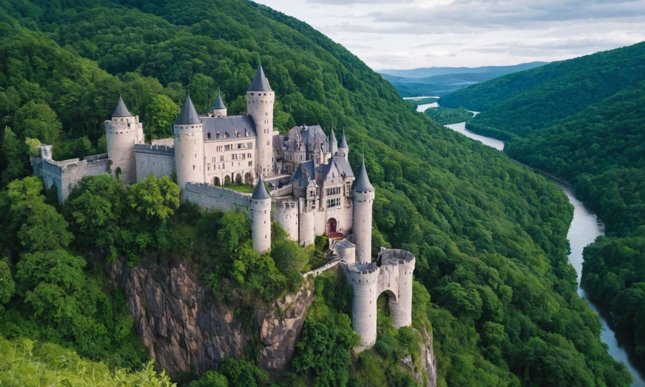 Majestic fantasy castle perched on a hilltop, surrounded by lush green forests and a winding river below. The grand architecture and mystical aura evoke a sense of adventure and wonder, perfect for immersive RPG gaming experiences.
