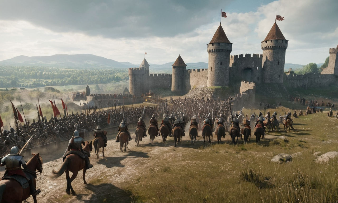 A medieval battlefield scene with mounted warriors engaging in epic battles, siege weapons firing in the background, castle walls towering above, and the vast open world stretching out in the distance. The image captures the essence of strategic warfare, setting the stage for intense gameplay and conquest in a medieval realm akin to Mount and Blade Warband.
