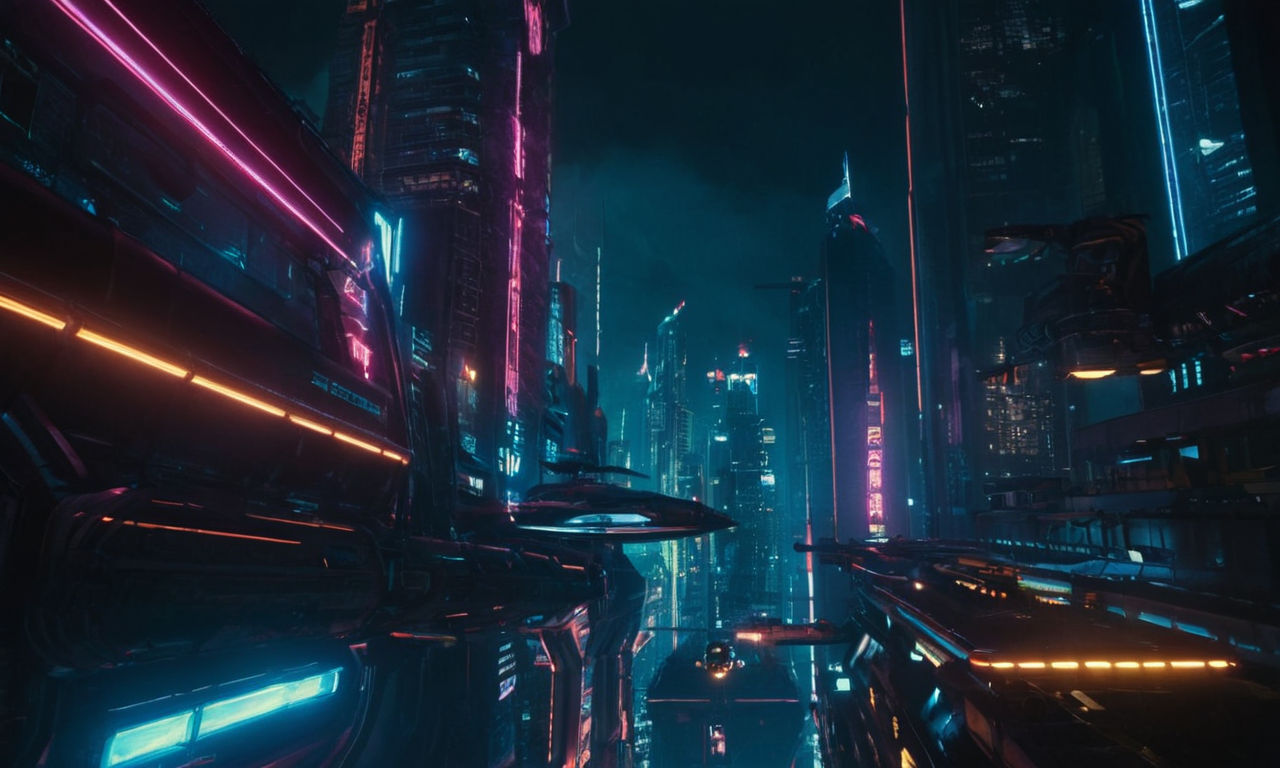 Futuristic dystopian cityscape at night with neon lights, towering buildings, and flying vehicles, setting a dark and mysterious tone.
