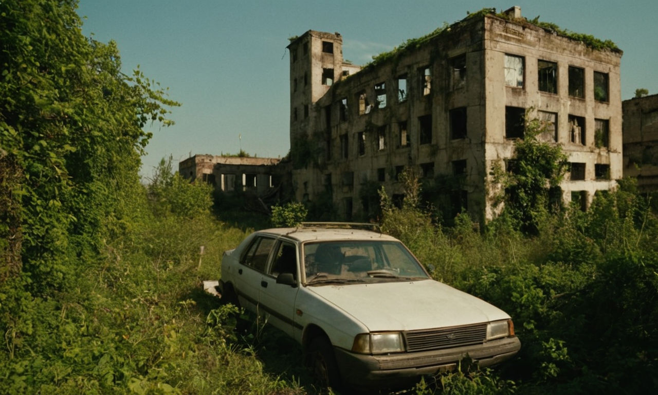 Post-apocalyptic urban landscape with remnants of civilization, overgrown with vegetation and nature reclaiming the cityscape. Abandoned buildings, broken down vehicles, and vines growing over concrete structures. Show a stark contrast between nature and man-made environment to reflect the themes of survival and decay in a post-apocalyptic world.
