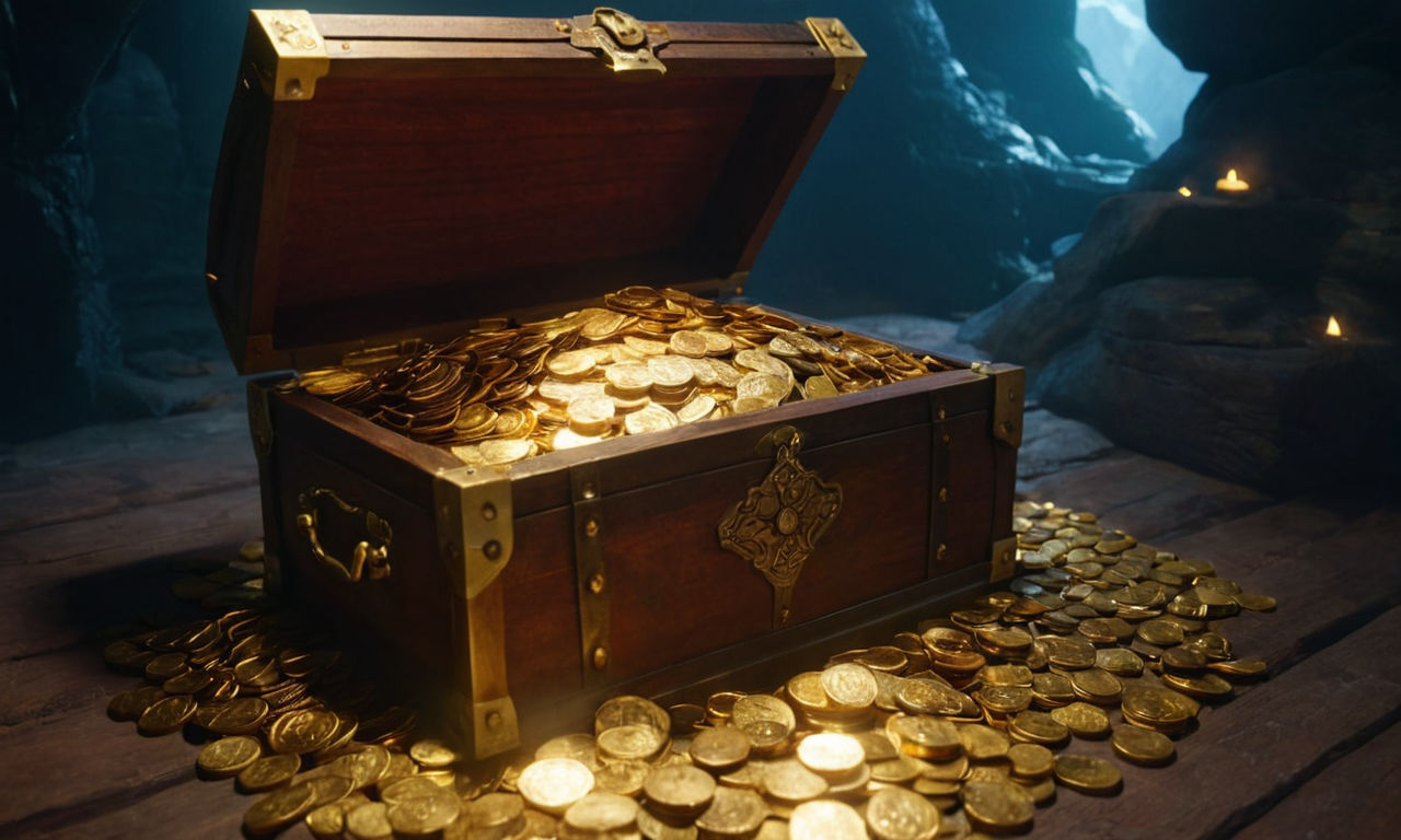 Virtual treasure chest filled with glowing gold coins, magical weapons, and enchanted armor surrounded by mystical runes and a glowing portal, symbolizing the incorporation of RPG elements in games.
