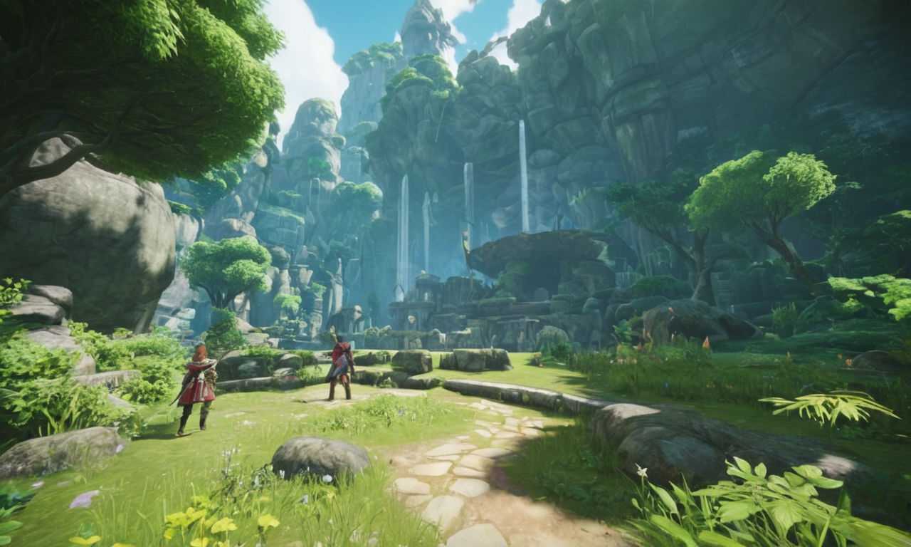An image of a fantasy RPG world with diverse landscapes such as lush forests, mystical caves, and ancient ruins. Include elements like magical creatures, epic battles, and diverse characters to represent the gameplay dynamics and immersive storytelling of Tales of Symphonia. 
