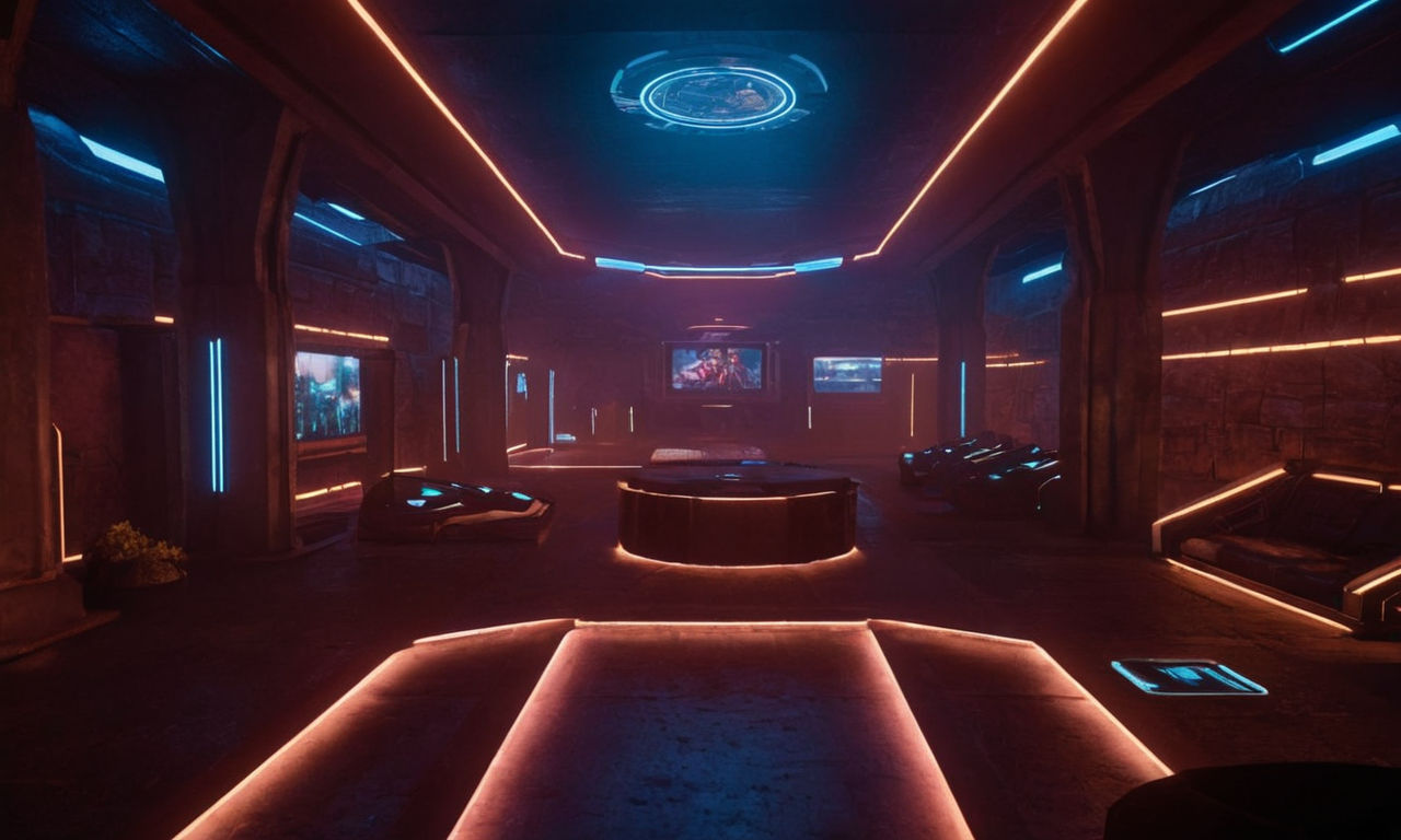 A futuristic virtual reality gaming environment with neon lights, advanced technology interfaces, and immersive virtual landscapes. The setting shows a blend of traditional RPG elements integrated into a non-RPG game, symbolizing the cynical motives driving the trend. The image conveys a sense of player engagement through interactive gaming elements and showcases the evolution of game design strategies.
