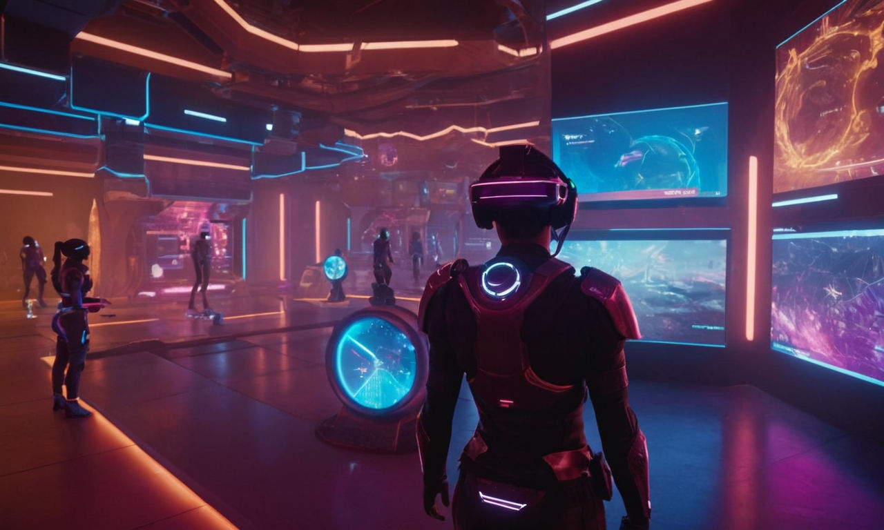 A vivid image of a futuristic virtual reality world with neon colors and glowing elements, showcasing a blend of traditional RPG elements like character stats and inventory management with innovative gameplay mechanics. The scene includes a diverse group of gamers immersed in the game, surrounded by holographic displays and digital landscapes.
