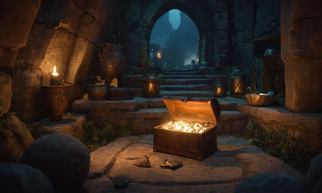 A mystical, fantasy-themed treasure chest filled with glowing, rare items and magical artifacts surrounded by ancient ruins and mysterious symbols. The chest is ornately decorated and emits a soft, otherworldly glow, hinting at the powerful items hidden within. This image captures the essence of uncovering hidden insights about specific items in the game as players explore the world of Ar nosurge.
