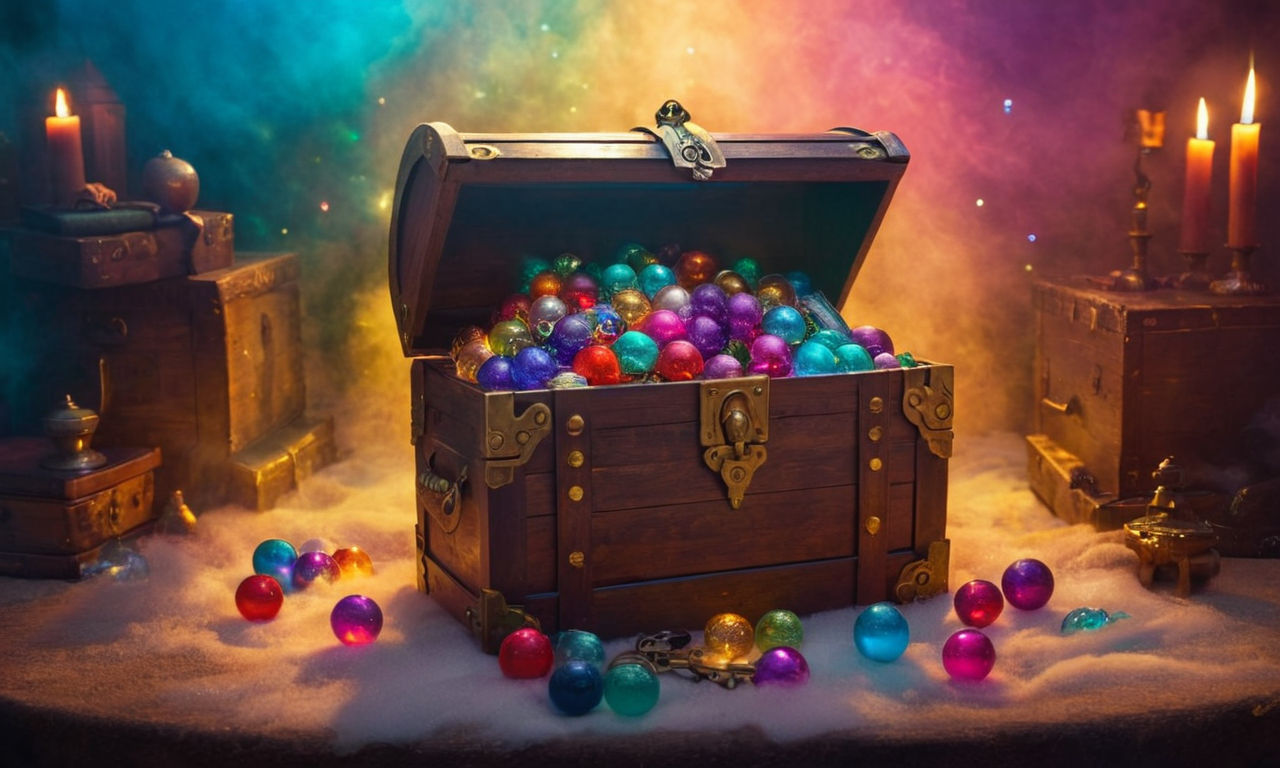 A mystical treasure chest filled with a variety of gaming surprises: colorful game boxes, digital download codes, bonus items like glowing orbs and enchanted keys, set on a magical background with sparkles and mysterious fog, creating an aura of excitement and adventure.
