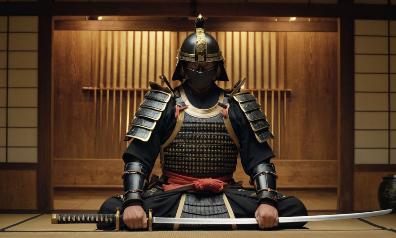 Ancient Japanese samurai armor and weapons in a traditional wooden dojo setting, with dim lighting enhancing the ambiance. Displaying katana swords, intricate armor pieces, and scrolls of wisdom, evoking the spirit of feudal Japan.
