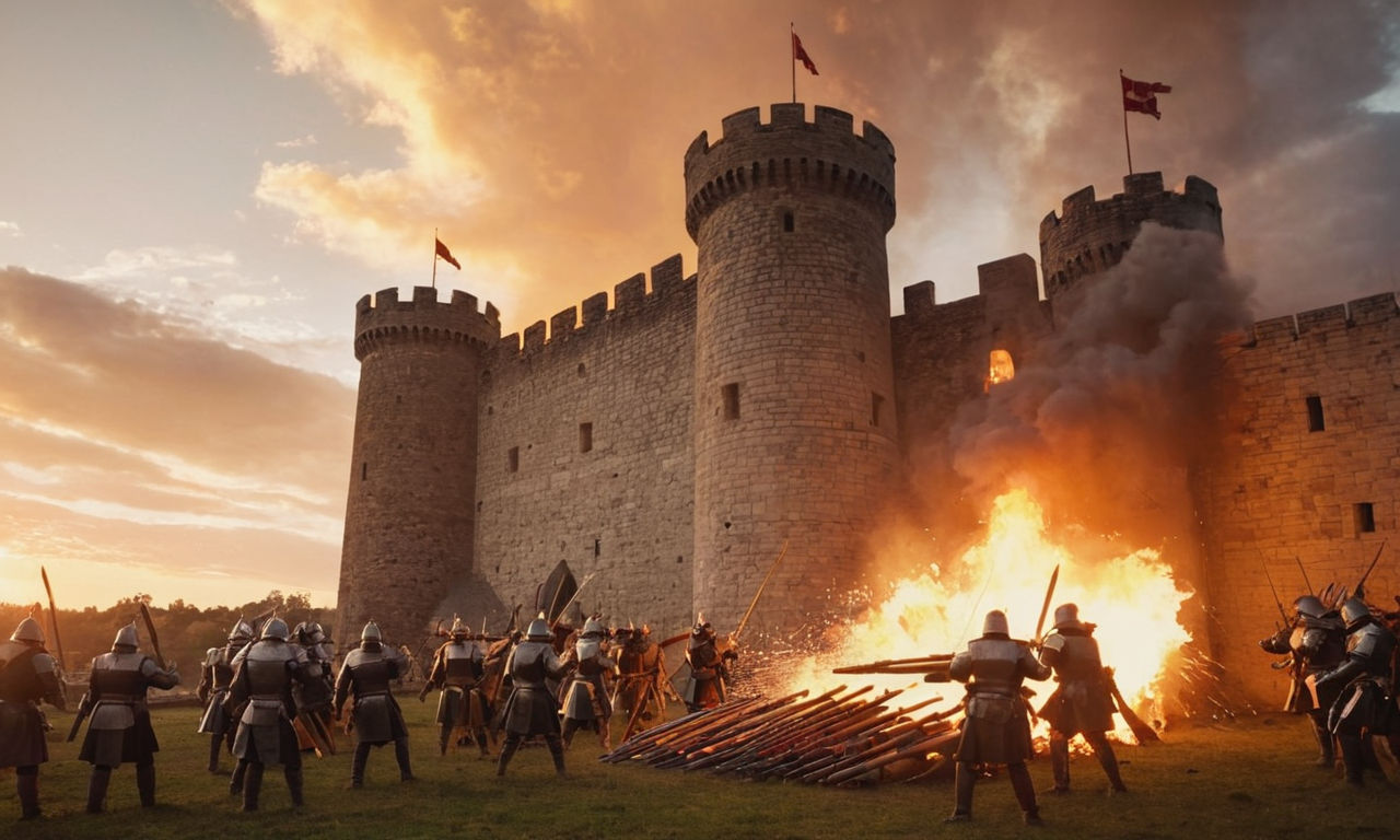 Medieval castle siege at sunset with catapults launching fiery projectiles, soldiers in armor defending the fortress, and a dramatic sky in the background.
