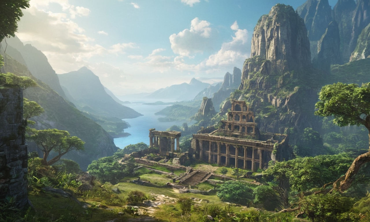 A mystical fantasy landscape with ancient ruins, lush forests, and towering mountains, evoking the adventurous spirit of the Ys series. This image should capture the essence of exploration and discovery, perfect for fans of RPG games like Ys Memories of Celceta, Seven, and Lacrimosa of Dana.
